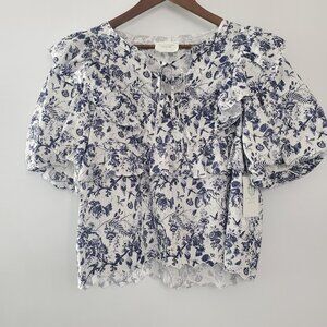 Floral Ruffle Blouse - Blue and White